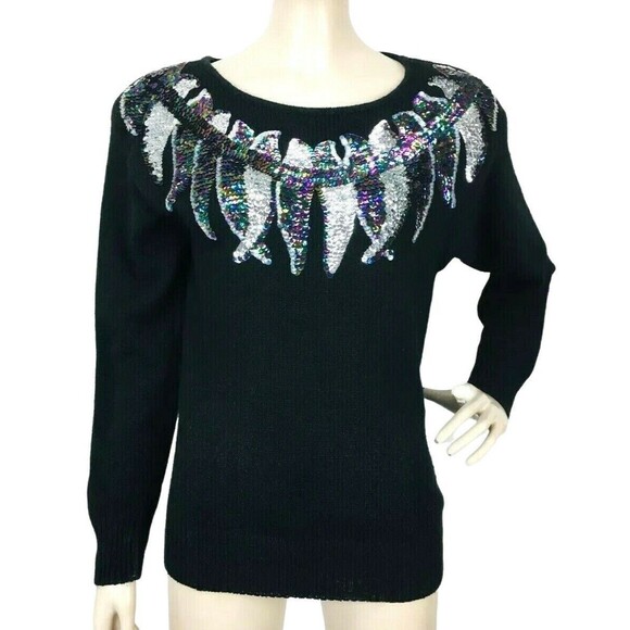 Vintage 80s De Rotchild Silk Angora Sequined Feathers Pullover Sweater Medium - Picture 2 of 9